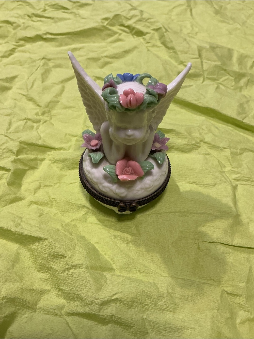 Porcelain Angel Trinket Box with Pink and Green Floral Accents